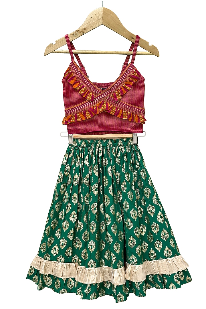Green Cotton Printed Lehenga Set For Girls by TWISHA at Pernia's Pop Up Shop