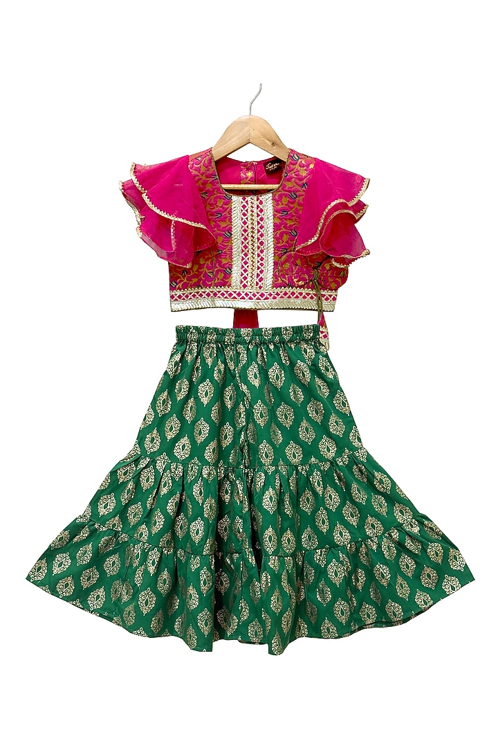 Green Brocade Printed Sharara Set For Girls by TWISHA at Pernia's Pop Up Shop