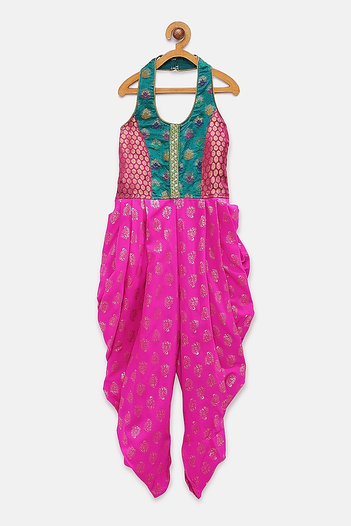 Pink & Rama Green Polyester Embellished Jumpsuit For Girls by TWISHA at Pernia's Pop Up Shop