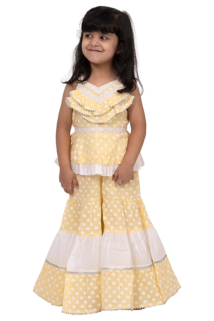 Yellow & White Cotton Sharara Set For Girls by TWISHA at Pernia's Pop Up Shop