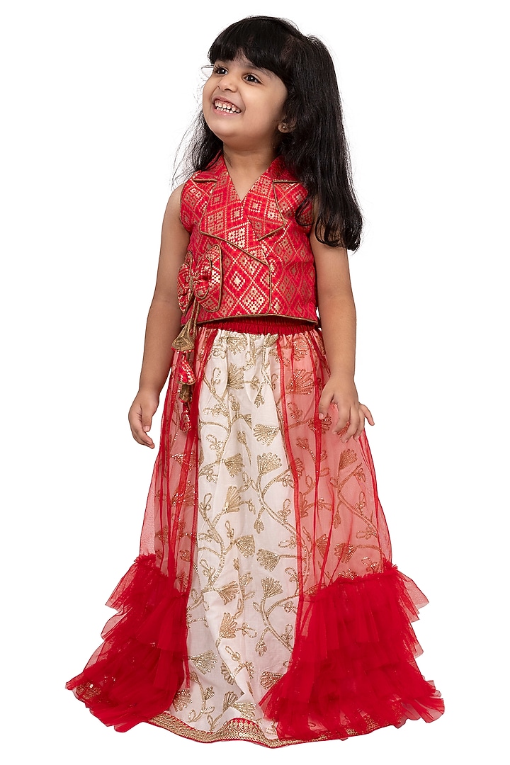 Red & White Brocade Embellished Lehenga Set For Girls by TWISHA at Pernia's Pop Up Shop