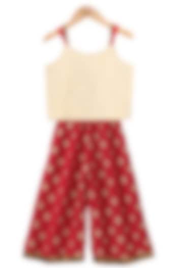 Red Cotton Printed Palazzo Pant Set For Girls by TWISHA