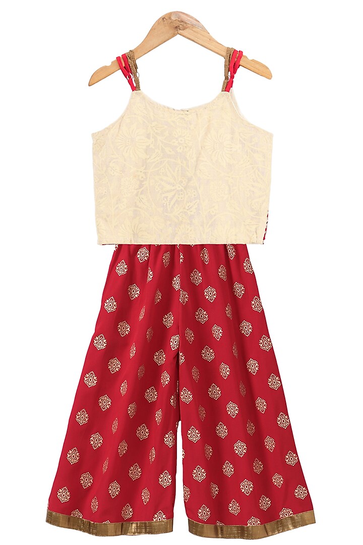Red Cotton Printed Palazzo Pant Set For Girls by TWISHA
