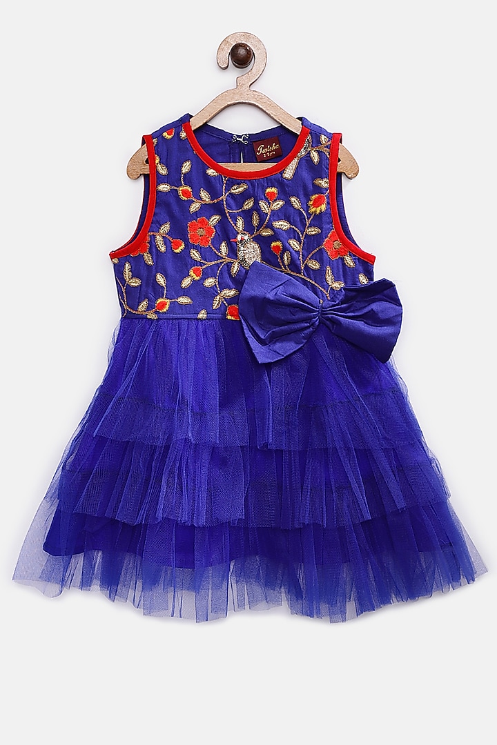 Blue Polyester Embroidered Dress For Girls by TWISHA