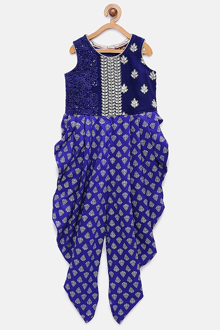 Blue Polyester Embroidered Jumpsuit For Girls by TWISHA