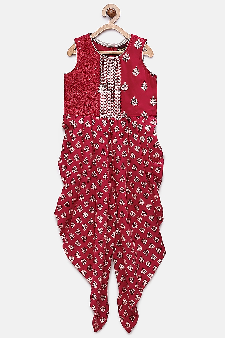Coral Polyester Embroidered Jumpsuit For Girls by TWISHA