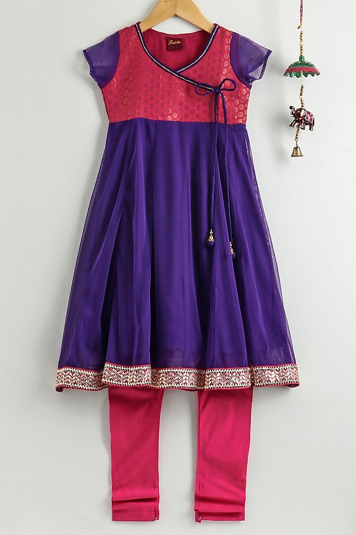 Purple & Pink Polyester Angrakha Kurta Set For Girls by TWISHA at Pernia's Pop Up Shop