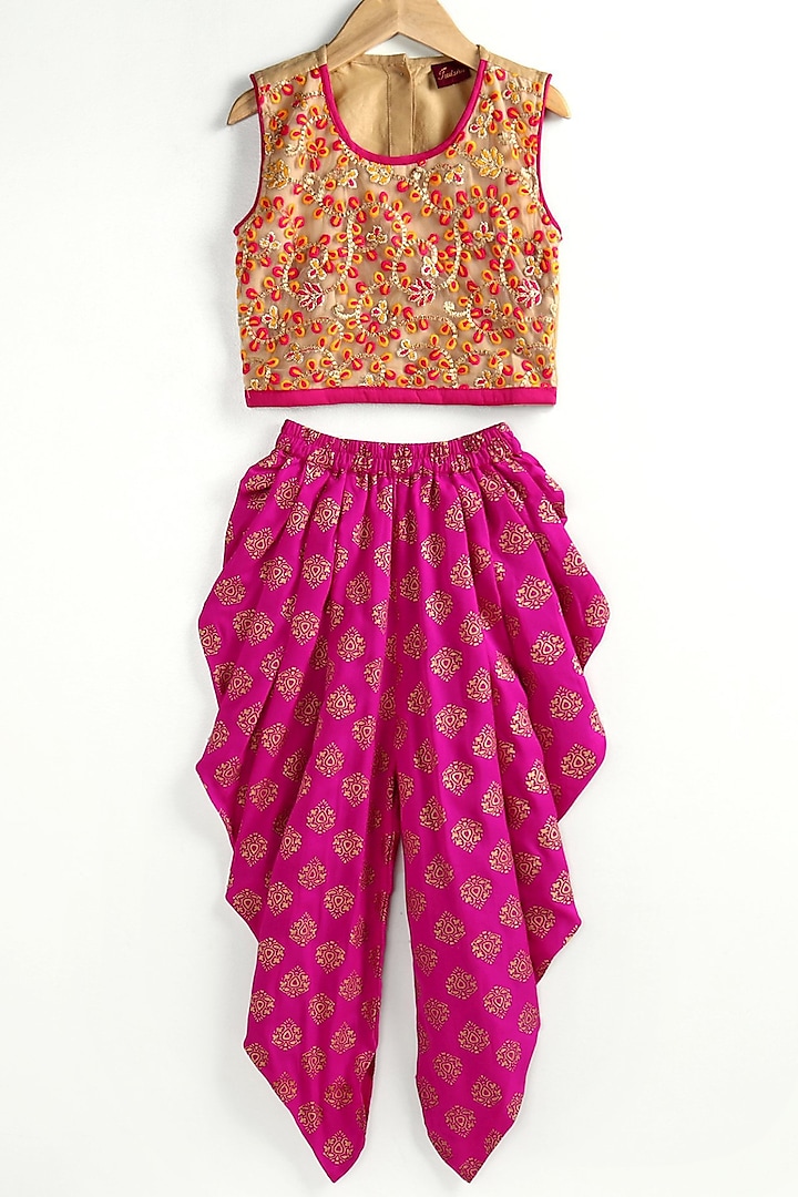 Pink Polyester Printed Dhoti Set For Girls by TWISHA