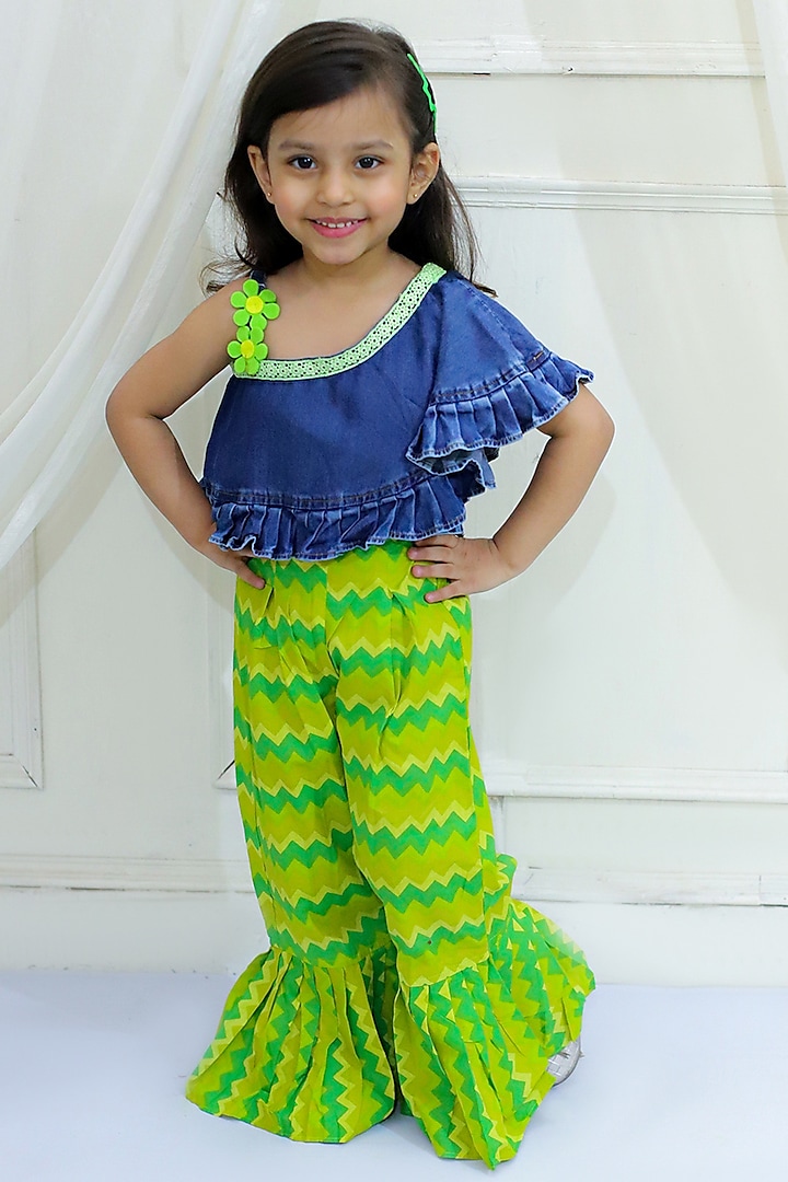 Green Cotton & Polyester Printed Dhoti Set For Girls by TWISHA