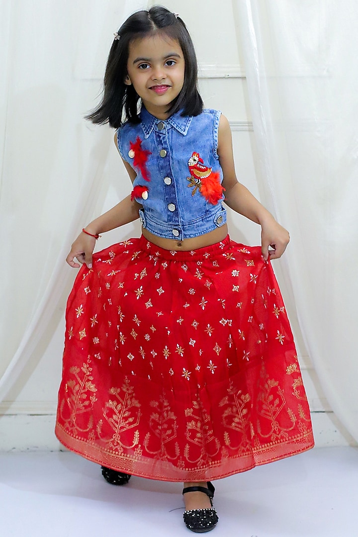 Red Cotton & Polyester Foil Printed Palazzo Lehenga Set For Girls by TWISHA