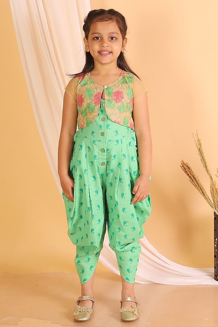 Green Polyester Printed Jumpsuit With Jacket For Girls by TWISHA