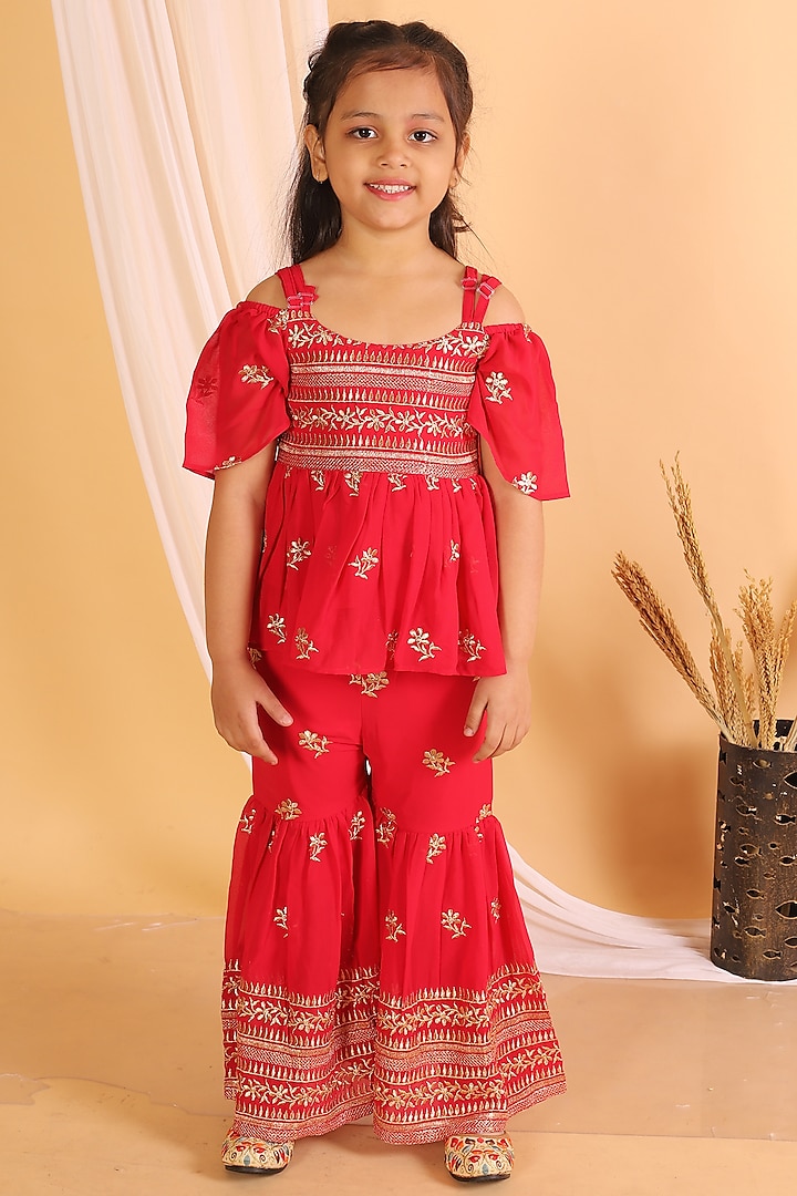 Red Polyester Sharara Set For Girls by TWISHA