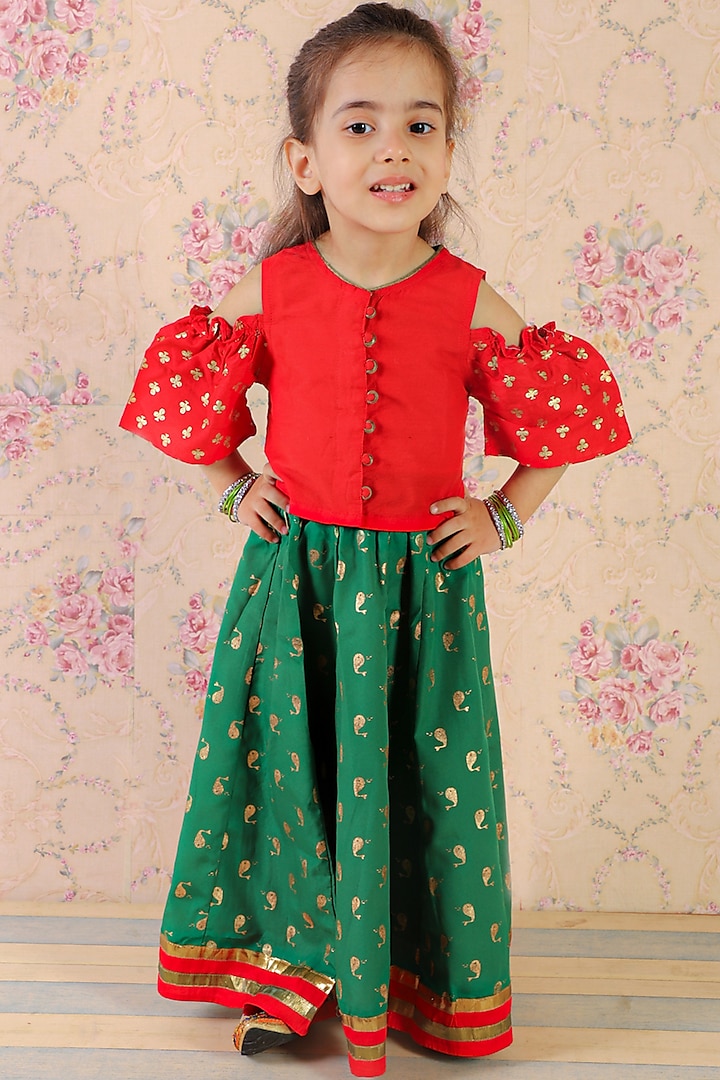 Green Polyester Printed Skirt Set For Girls by TWISHA