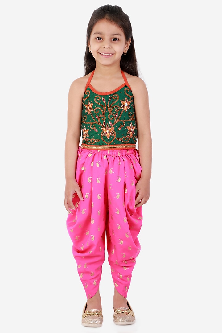 Pink Printed Dhoti Set For Girls by TWISHA