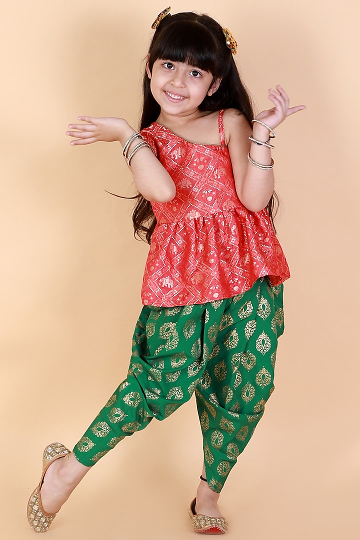 Green Polyester Dhoti Set For Girls by TWISHA