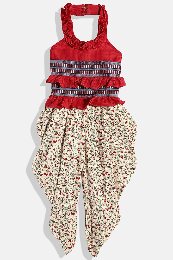 Red & Off-White Printed Jumpsuit For Girls by TWISHA