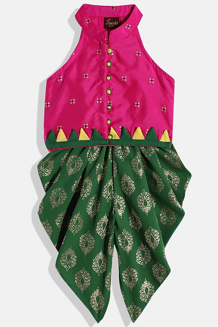 Emerald Green Polyester Dhoti Set For Girls by TWISHA