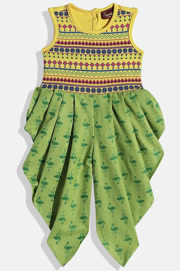 Yellow & Green Printed Jumpsuit For Girls by TWISHA