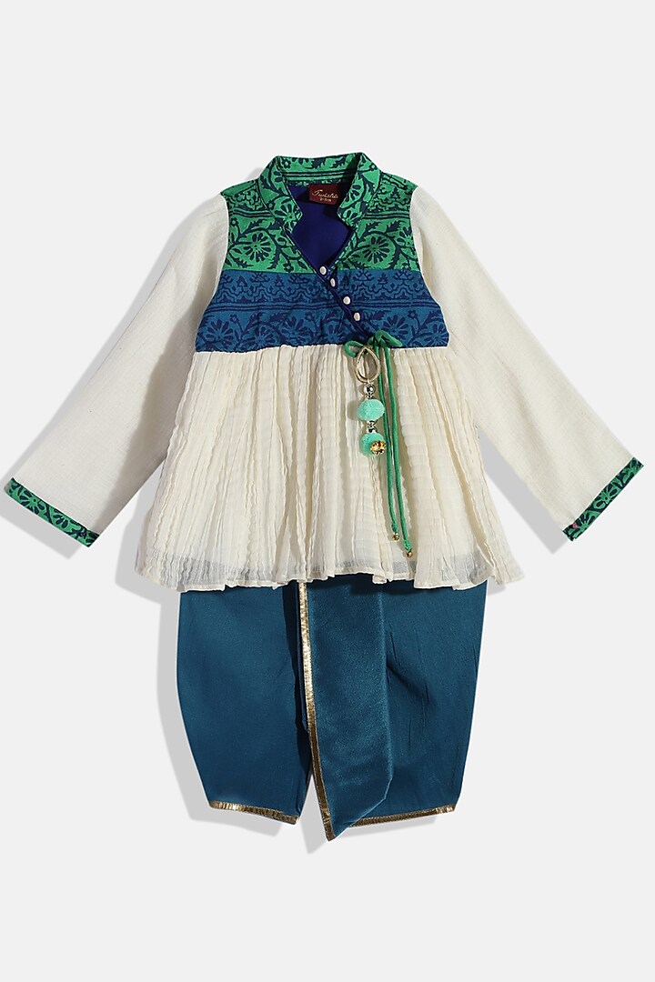 White & Blue Polyester Kurta Set For Boys by TWISHA