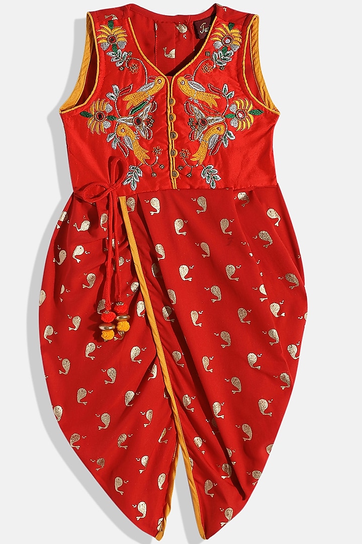 Red Embroidered Jumpsuit For Girls by TWISHA