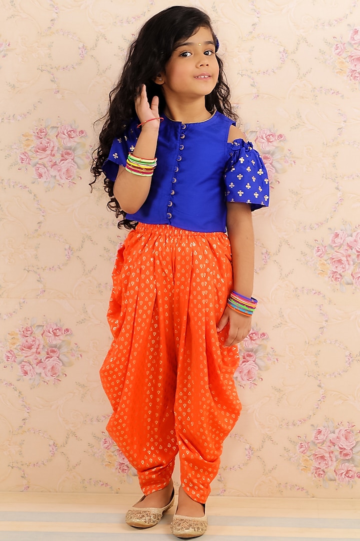 Orange Printed Dhoti Set For Girls by TWISHA