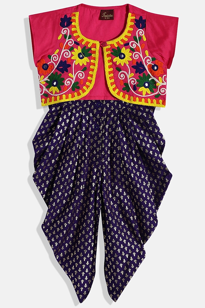 Purple & Pink Polyester Jumpsuit With Jacket For Girls by TWISHA