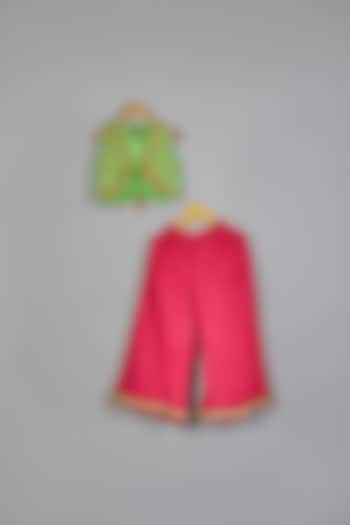 Pink Linen Blend Palazzo Pant Set For Girls by TWISHA at Pernia's Pop Up Shop