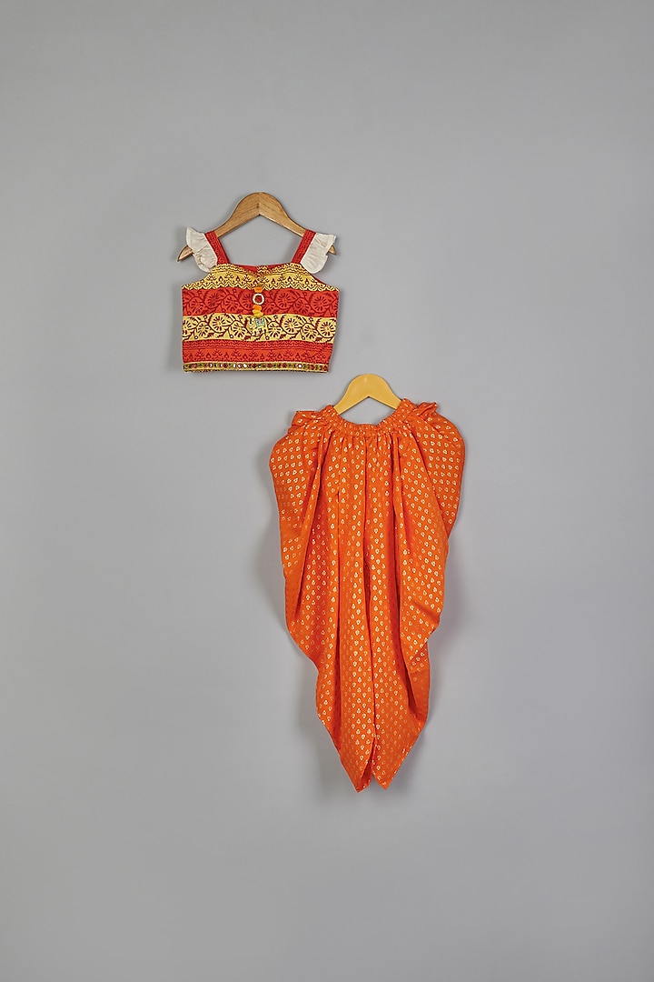 Orange Printed Dhoti Set For Girls by TWISHA