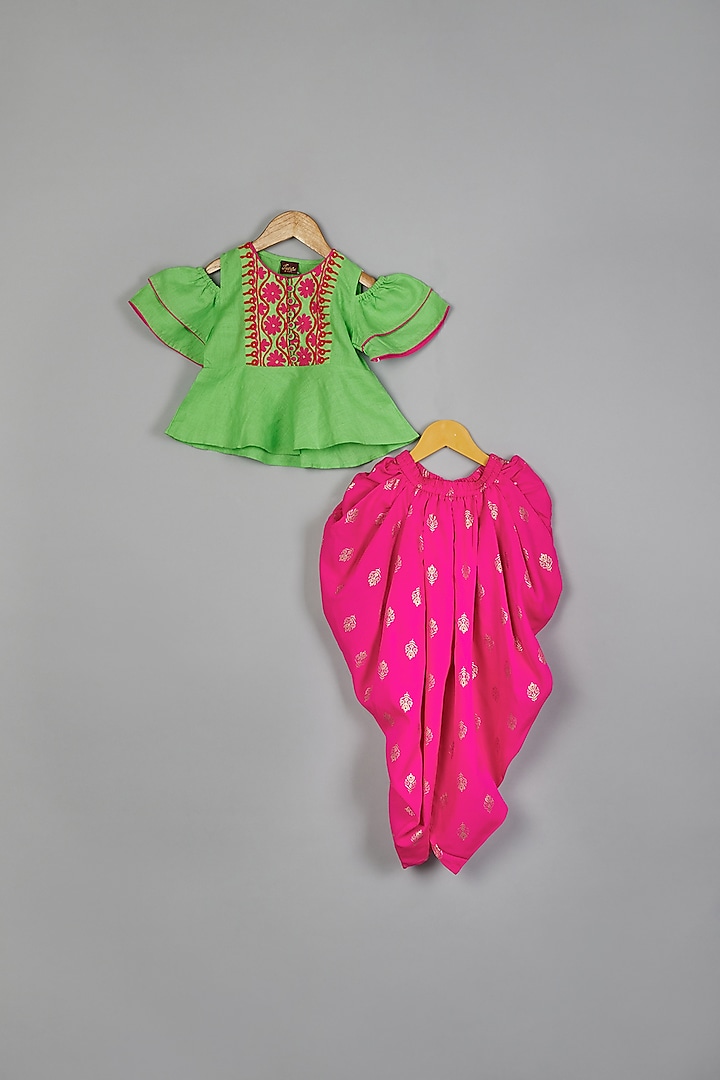 Pink Linen Blend Dhoti Set For Girls by TWISHA