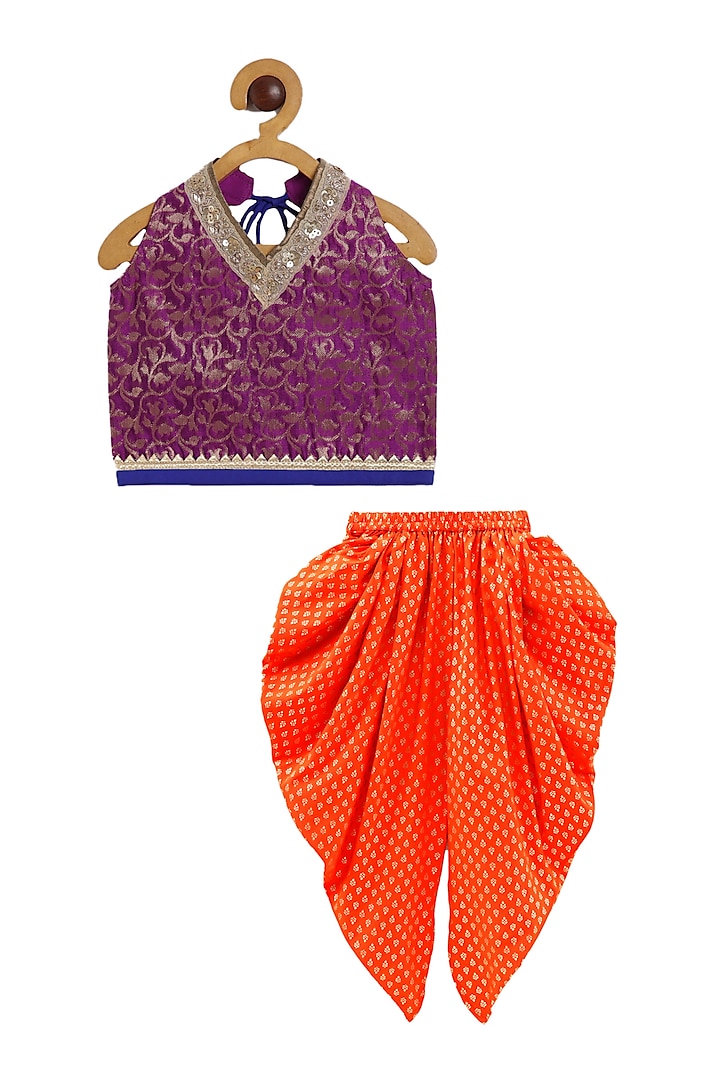 Orange Brocade Foil Printed Dhoti set For Girls by TWISHA at Pernia's Pop Up Shop