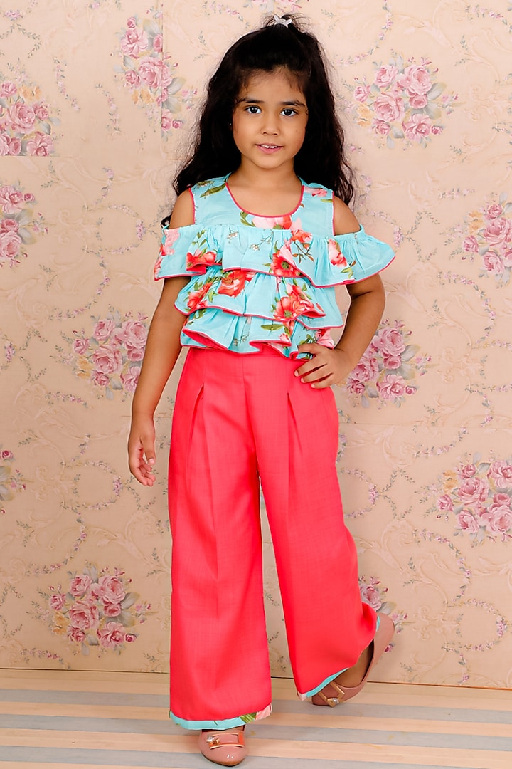 Coral Polyester Palazzo Pant Set For Girls by TWISHA at Pernia's Pop Up Shop