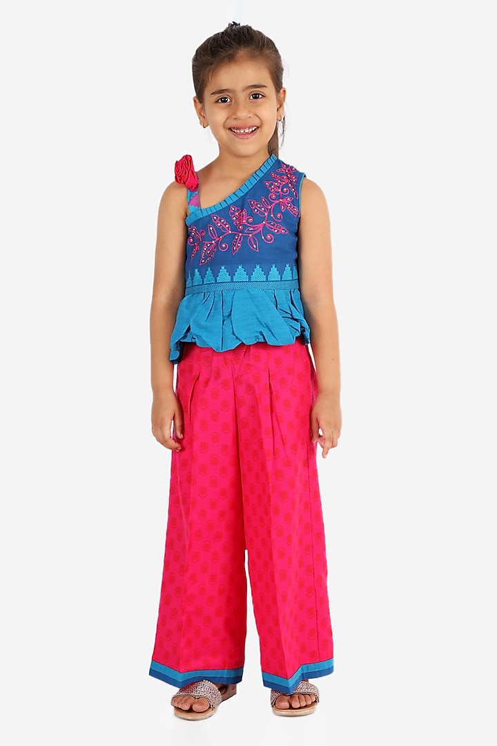 Pink Cotton Palazzo Pant Set For Girls by TWISHA at Pernia's Pop Up Shop