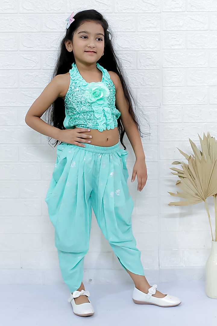 Sea Green Polyester Dhoti Set For Girls by TWISHA at Pernia's Pop Up Shop