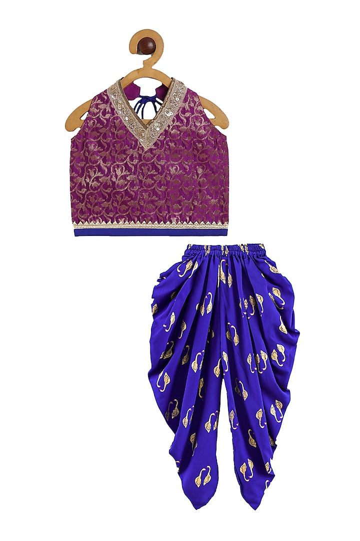 Blue Polyester Foil Printed Dhoti Set For Girls by TWISHA