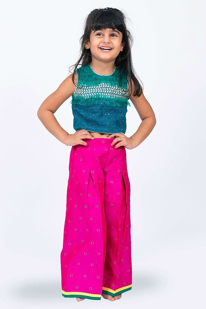 Pink Polyester Palazzo Pant Set For Girls by TWISHA