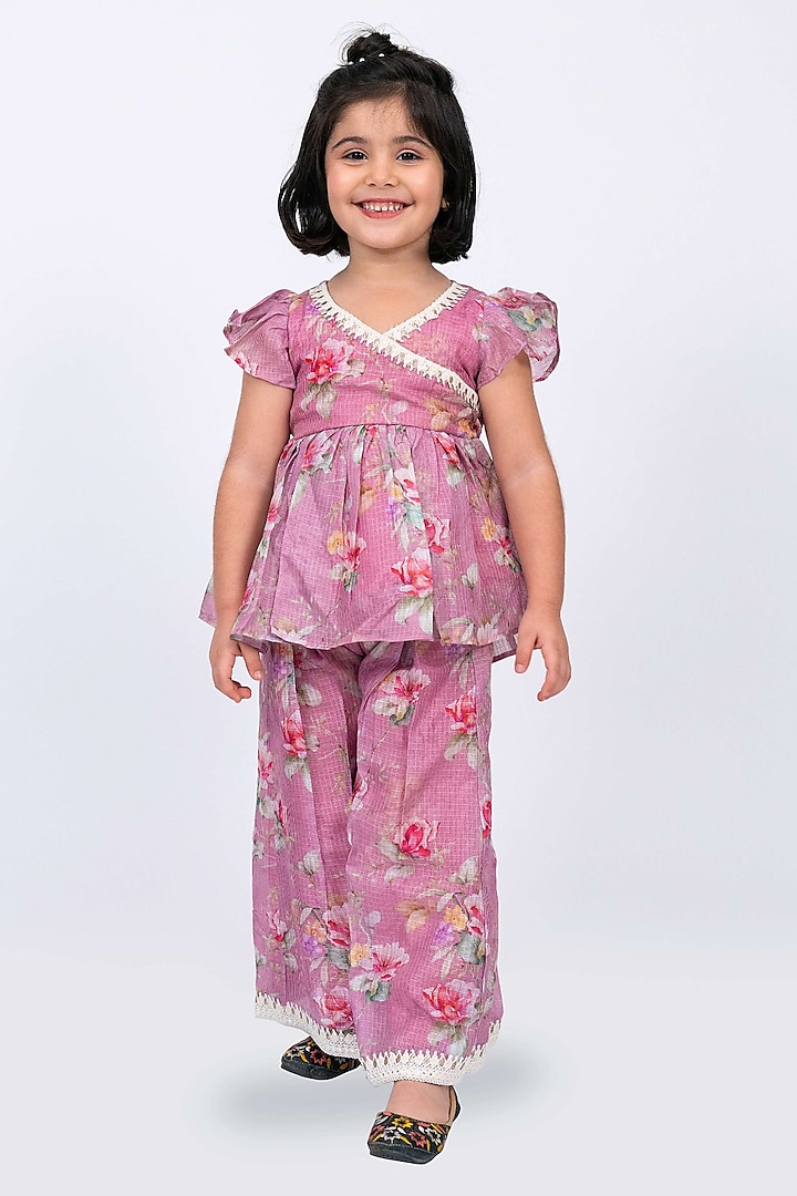 Pink Polyester Floral Printed Palazzo Pant Set For Girls by TWISHA