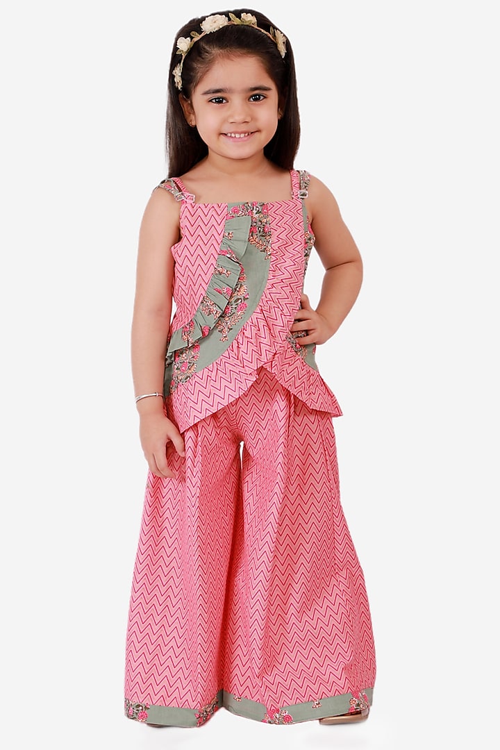 Peach & Grey Cotton Printed Palazzo Pant Set For Girls by TWISHA at Pernia's Pop Up Shop