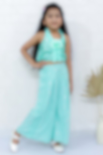 Sea Green Polyester Pleated Palazzo Pant Set For Girls by TWISHA at Pernia's Pop Up Shop