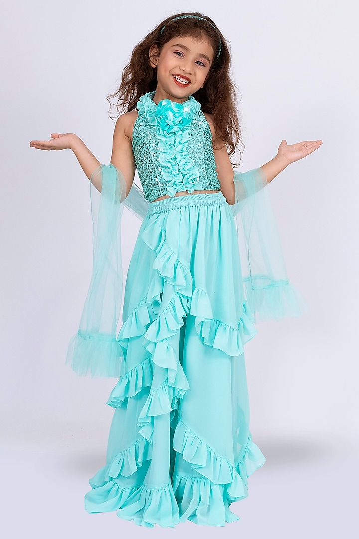 Sea Green Polyester Layered Lehenga Set For Girls by TWISHA