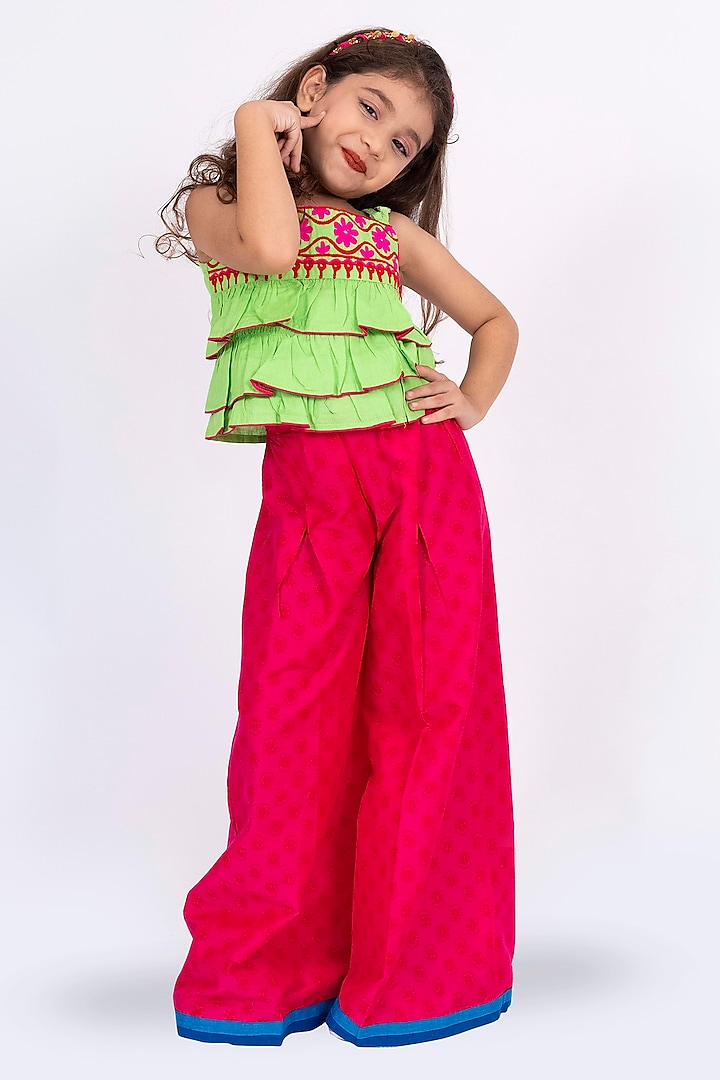 Pink Linen Printed Palazzo Pant Set For Girls by TWISHA