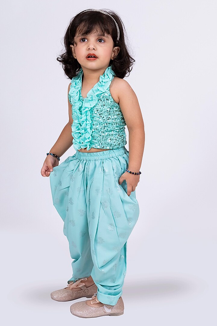 Sea Green Polyester Dhoti Pant Set For Girls by TWISHA at Pernia's Pop Up Shop