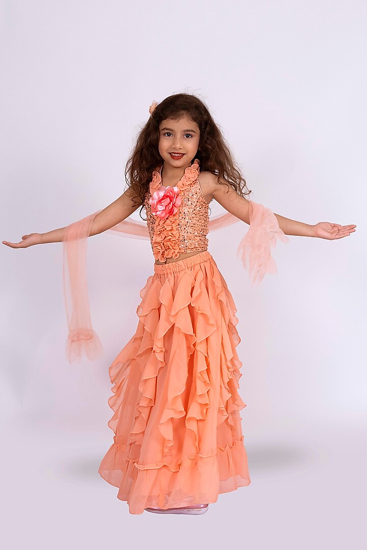 Peach Polyester Ruffled Lehenga Set For Girls by TWISHA