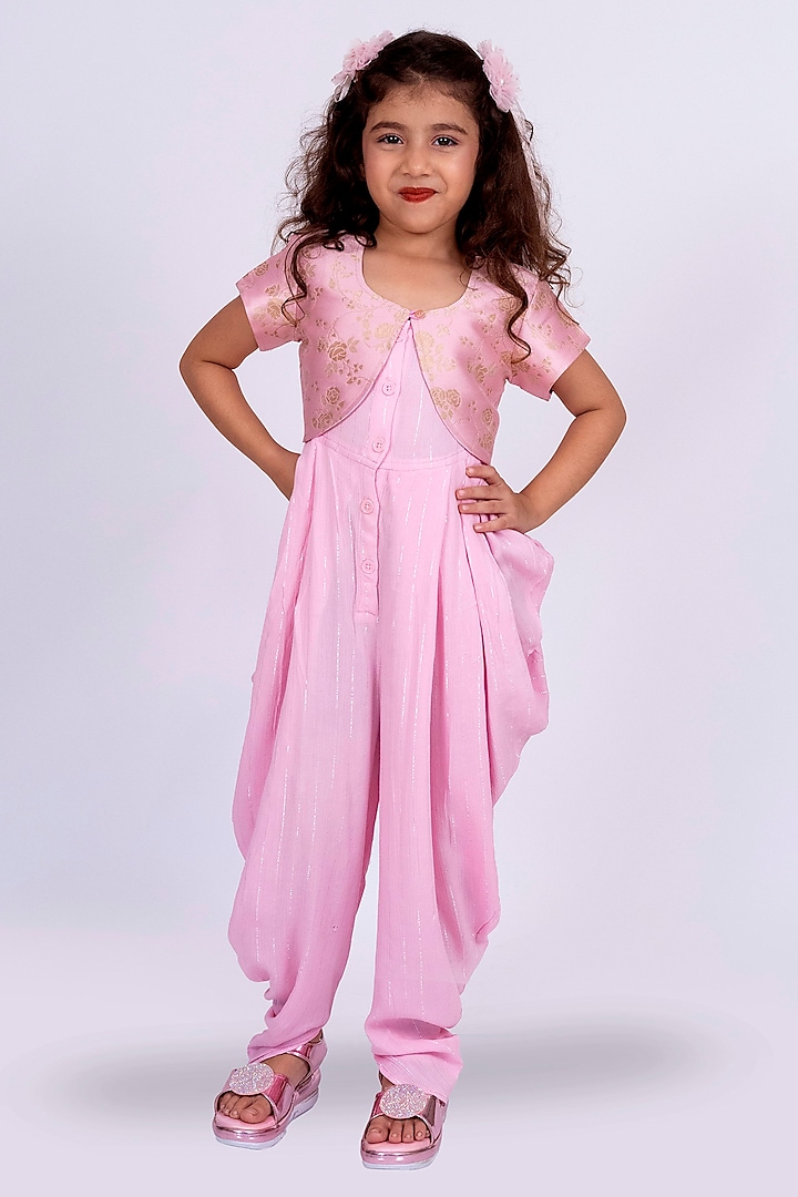 Baby Pink Lurex Strappy Jumpsuit With Jacket For Girls by TWISHA at Pernia's Pop Up Shop