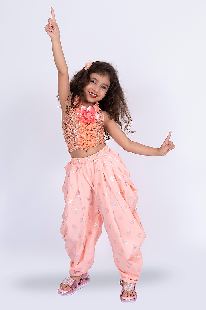 Peach Polyester Dhoti Pant Set For Girls by TWISHA at Pernia's Pop Up Shop