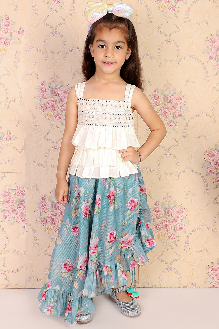 Blue Polyester Floral Printed Skirt Set For Girls by TWISHA at Pernia's Pop Up Shop