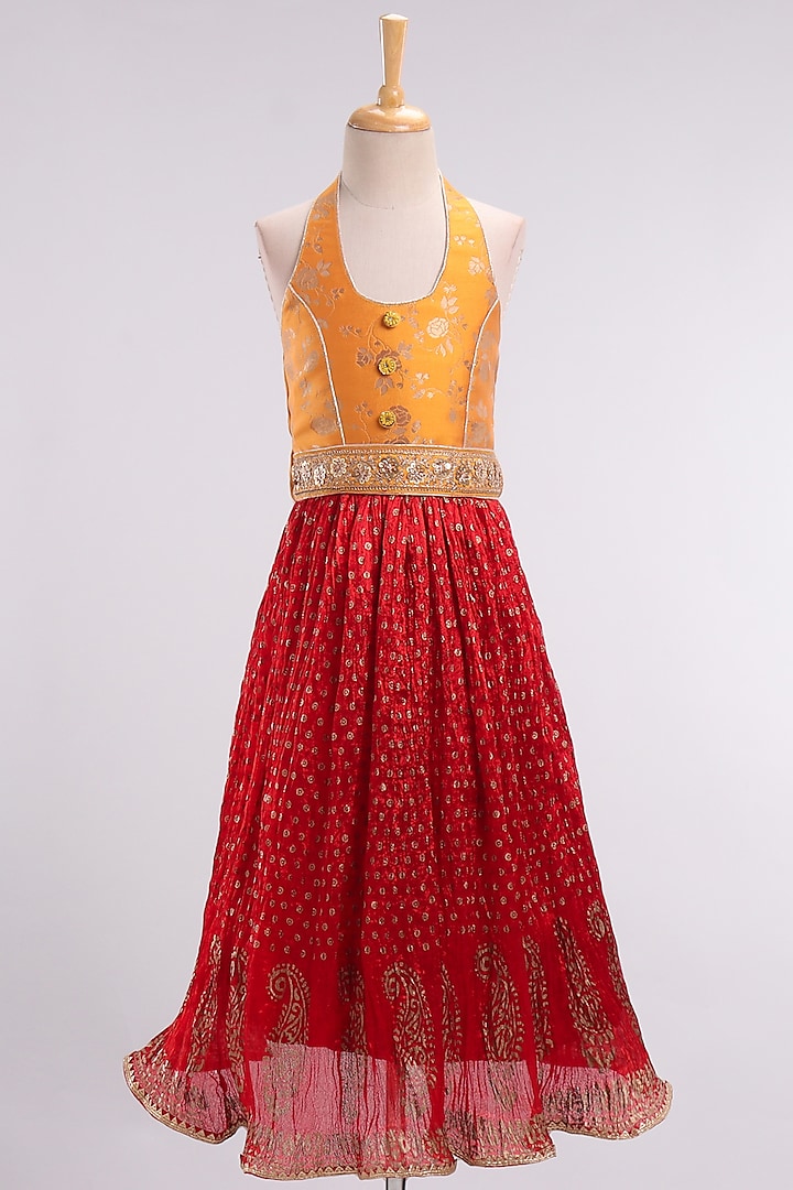 Yellow & Red Polyester Lehenga Set For Girls by TWISHA at Pernia's Pop Up Shop