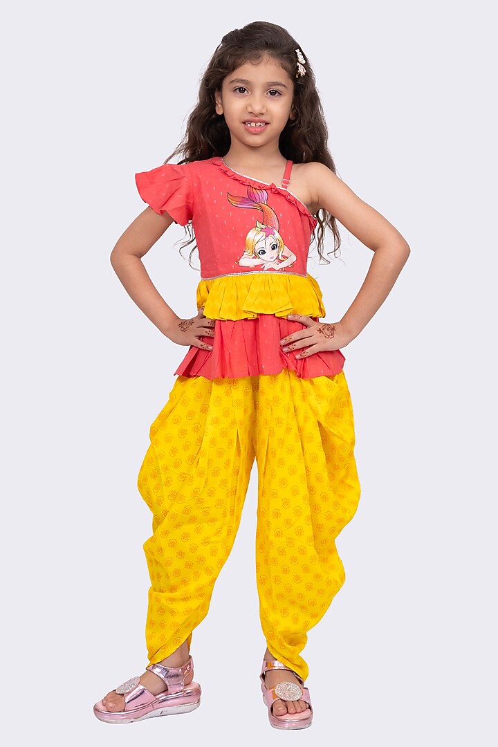 Yellow Cotton Printed Dhoti Set For Girls by TWISHA at Pernia's Pop Up Shop