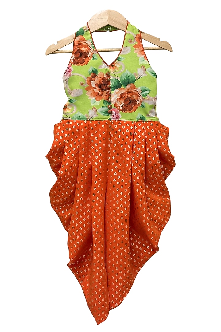 Lime Green & Orange Polyester Printed Jumpsuit For Girls by TWISHA at Pernia's Pop Up Shop