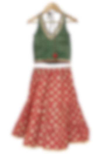 Red Brocade Printed Lehenga Set For Girls by TWISHA at Pernia's Pop Up Shop