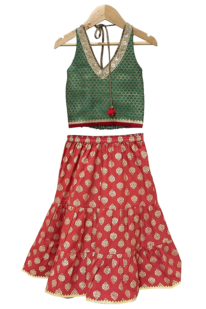 Red Brocade Printed Lehenga Set For Girls by TWISHA at Pernia's Pop Up Shop